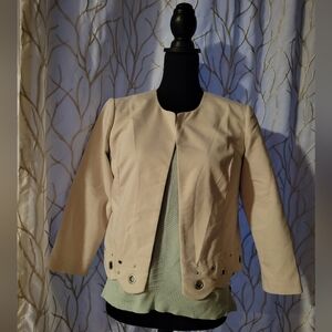 Roz & Ali Cream Jacket – Open-Front, Grommet Scalloped Hem, Size S